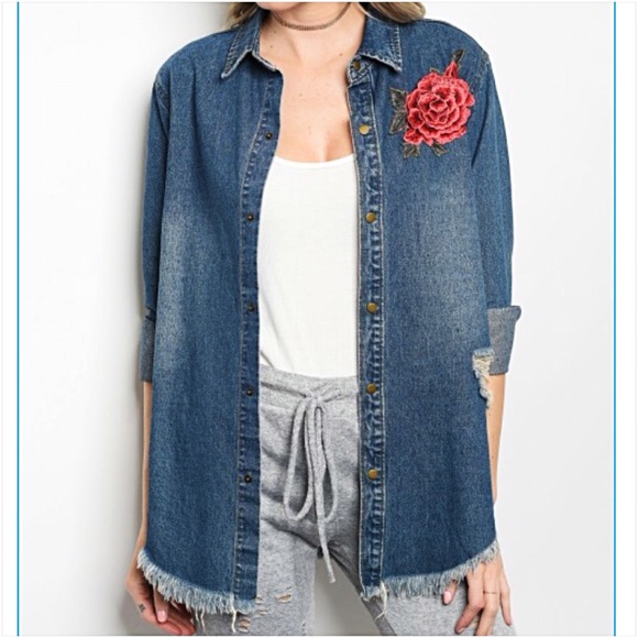 Distressed Denim Shirt Jacket Rose Patch S - Picture 5 of 7